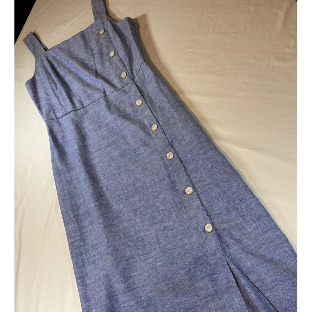 McLaughlin Blue Linen Cotton Solid Square Neck Sleeveless Long Dress Size 4